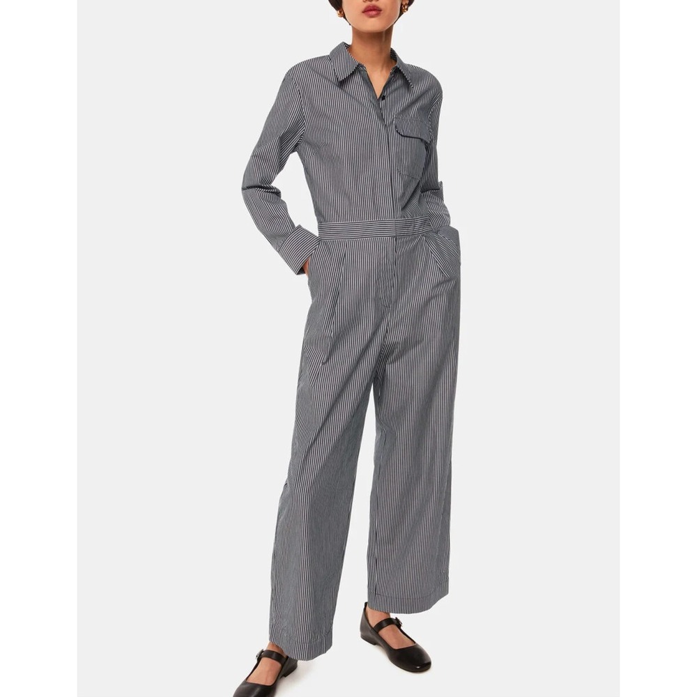 NEW Whistles Black Julia Stripe Boilersuit Jumpsuit Organic Cotton Womens Size 4